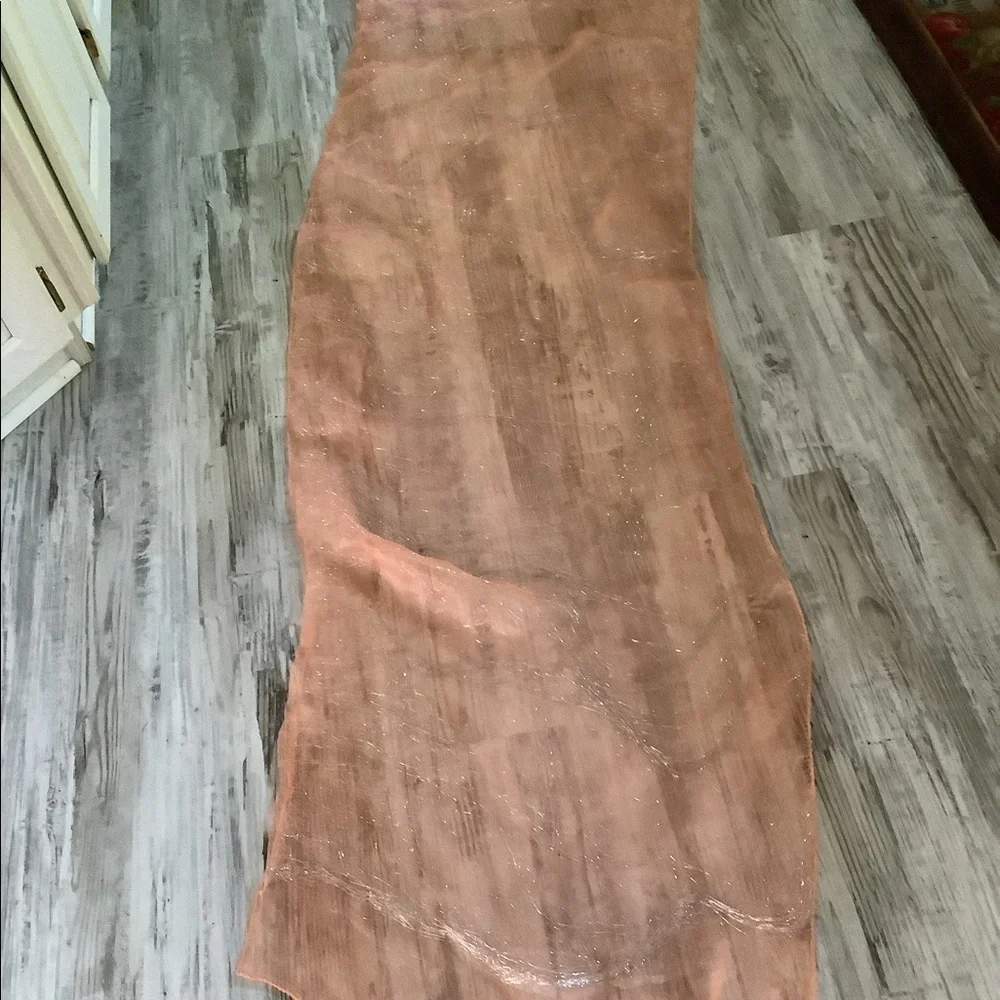 Scarf silk look silver sparkles versatile peach can be worn many ways. 72”x20”